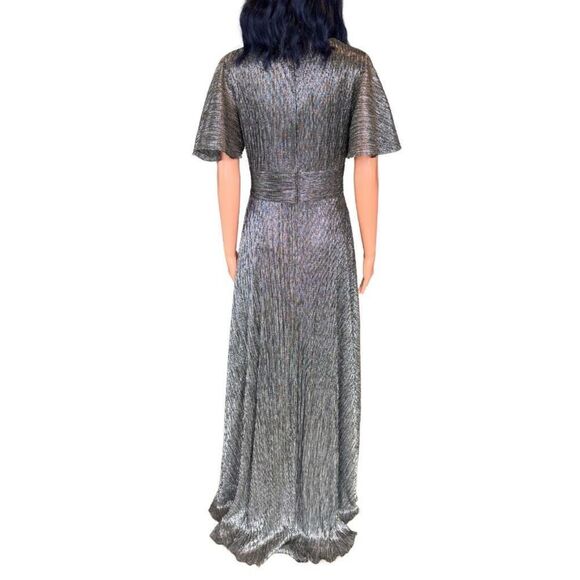 NWT Betsy & Adam Black Silver Metallic V Neck Flutter Sleeve Gown Dress - Picture 6 of 7